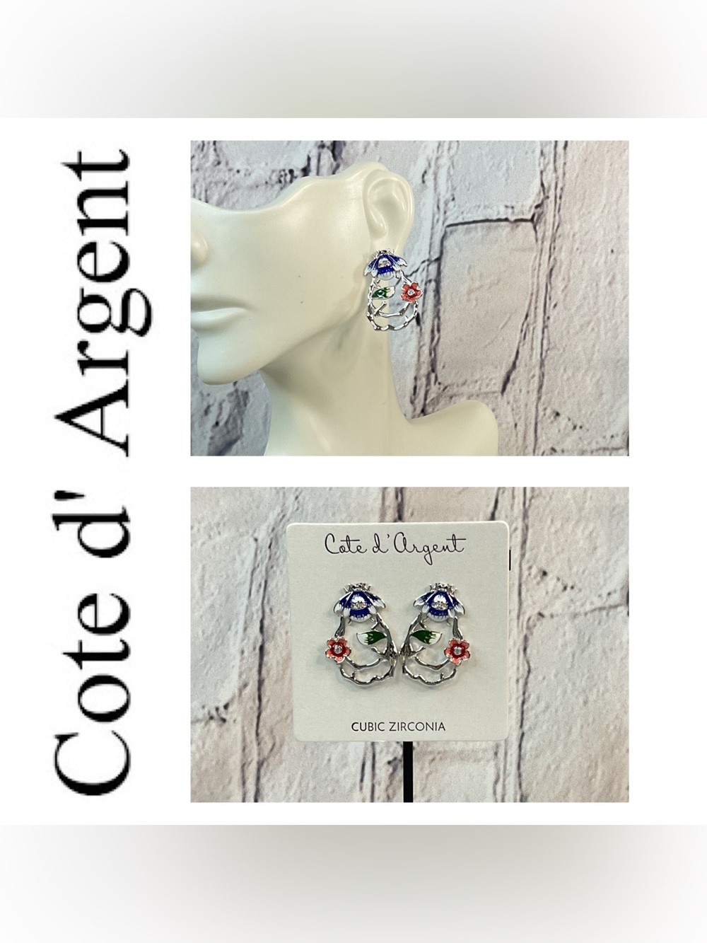 🌟🌟 Cote d’Argent Silver Floral Earrings with Blue, Red & Green Enamel